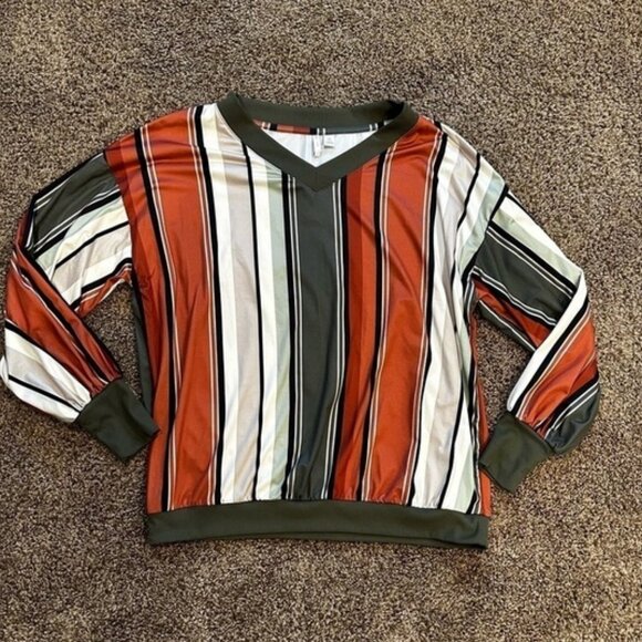 Rust Striped V-neck Polyester Top - Picture 1 of 3